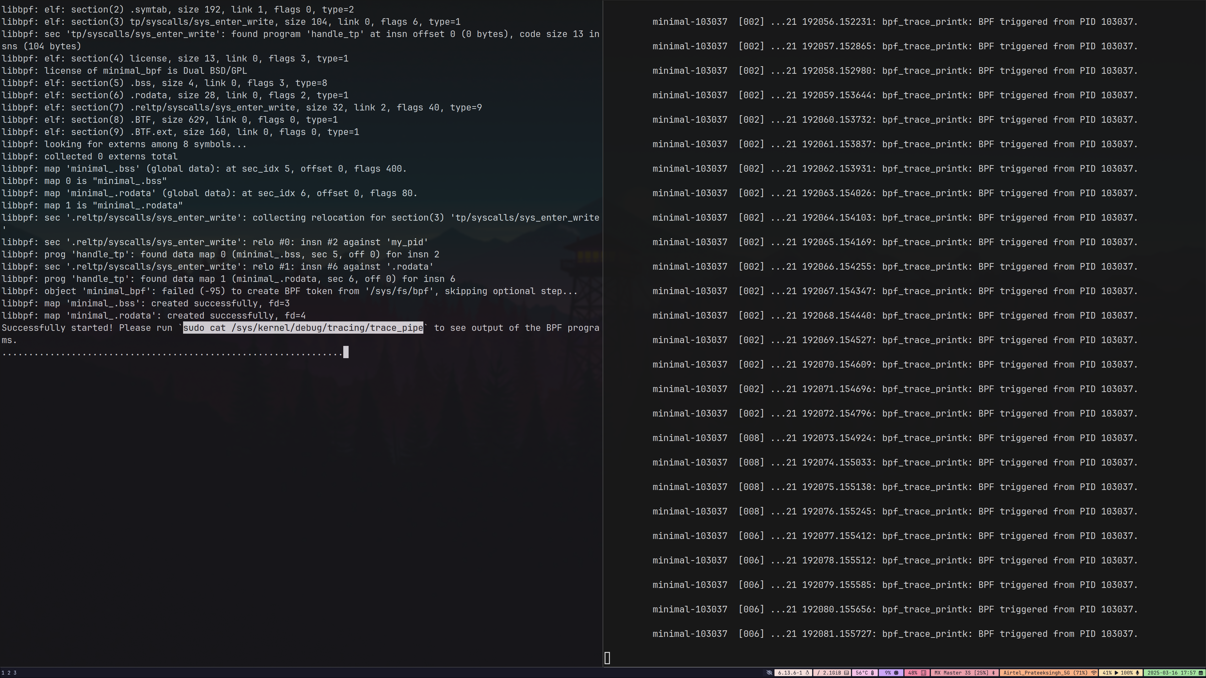 Screenshot showing logs generated by the eBPF program